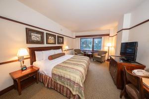 哥德伍德Alyeska Resort的配有一张床和一台平面电视的酒店客房