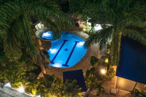 阿卡西亚斯Hotel Wayra Club的享有棕榈树游泳池的顶部景致