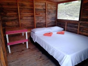 比利亚维哈Mirador Valle de la Tatacoa的小木屋内的两张床,设有两扇窗户