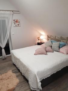 梅斯瓦科维采Domki Prowansalskie的一间卧室配有带粉红色和蓝色枕头的床