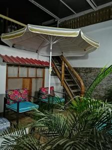 塔甘加Casa Italia Guest House的庭院配有两把椅子和一把遮阳伞