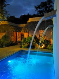萨尤利塔VILLA DEL PEZ的游泳池,在晚上设有喷泉