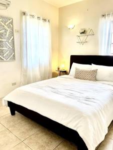 塔穆宁beautiful 4 bedroom tumon house的卧室配有一张带白色床单的大床和窗户。