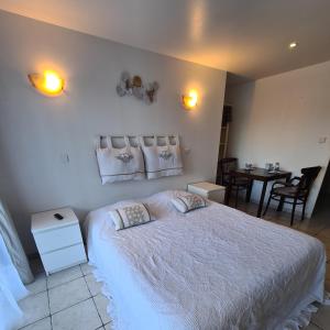 Monthou-sur-Cher莱斯艾里斯一室公寓酒店的卧室配有一张白色的大床和一张桌子