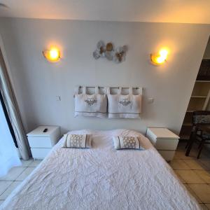 Monthou-sur-Cher莱斯艾里斯一室公寓酒店的卧室配有一张带两个枕头的大白色床