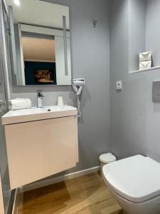 索恩河畔自由城Initial by Balladins Lyon Villefranche-sur-Saône的一间带卫生间、水槽和镜子的浴室