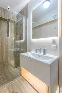 普雷代亚尔Pretoria Luxor apartment Predeal的浴室配有白色水槽和淋浴。