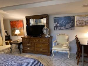 匹兹堡Highland Park Pittsburgh的一间卧室配有一张床、一台电视和一个梳妆台