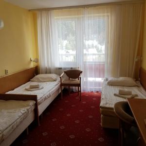 克雷尼察Geovita Krynica-Zdroj的客房设有两张床、一把椅子和窗户。