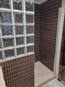 隆达Hotel El Tajo & SPA的带淋浴的浴室、瓷砖墙壁和窗户。