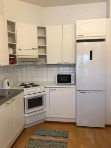 LoimaaHannelen Varakoti的白色的厨房配有白色家电和白色橱柜