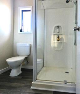陶波Almost Country的一间带卫生间和玻璃淋浴间的浴室