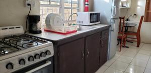 罗索Roseau Hostel & Beach Front Property的厨房配有炉灶、水槽和微波炉