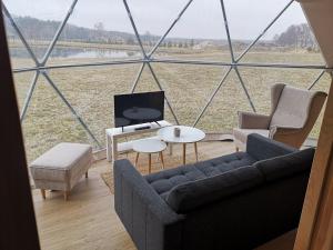 WiosnaWiosna Glamp的带沙发和椅子的客厅以及大窗户。