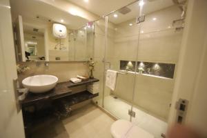 新德里Hotel Picasso Prive Naraina Delhi - Couple Friendly Local IDs Accepted的一间带水槽和玻璃淋浴的浴室