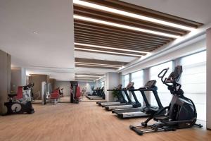 溧阳溧阳新城温德姆酒店的一间健身房,里面设有跑步机和椭圆机