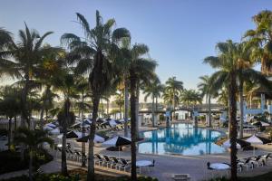 棕榈滩花园PGA National Resort的享有棕榈树和遮阳伞的游泳池景致