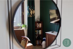 斯塔拉霍维采Zielone Drzwi的客厅的镜子反射,客厅设有绿色的墙壁