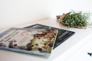 耶尔瑟克Sfeervol vakantiehuis in centrum Yerseke的坐在植物旁边的桌子上的杂志