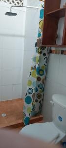 卡塔赫纳Casa ITCI Tours的一间带卫生间和淋浴帘的浴室