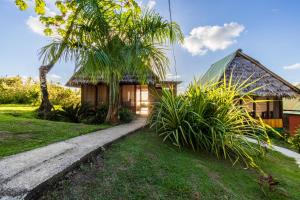 德雷克Punta Marenco Lodge的茅草屋顶的房子和通往庭院的通道