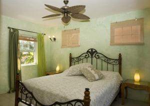 圣乔治马卡彼岸花度假酒店的一间卧室配有一张床和吊扇
