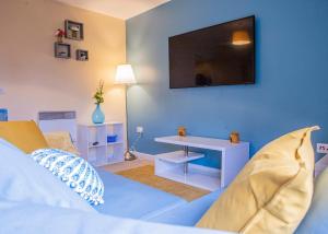 伍尔弗汉普顿Broad gauge way的蓝色的房间,设有一张床和墙上的电视