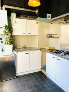 安特卫普Bacchus Antwerpen - Rooms & Apartments的厨房配有白色橱柜和水槽
