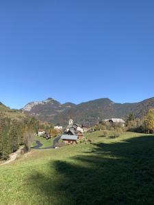 SeytrouxKern的一片绿地,背靠房屋和山脉