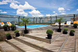 库里提巴阿尔塔雷吉亚广场酒店的甲板上种有盆栽植物的游泳池