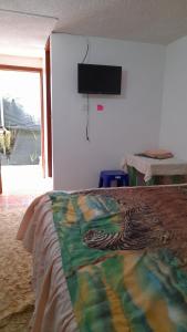 基多Hospedaje el Motilon的卧室配有一张床,墙上配有电视