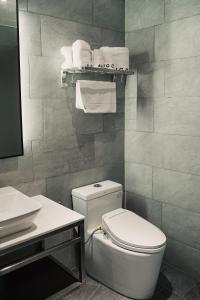 米里Amigo Hotel的浴室配有卫生间、水槽和毛巾。