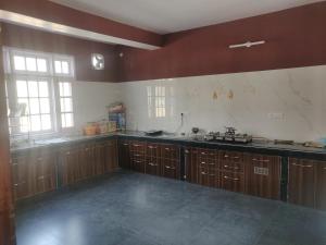 RohruRansaar Valley Homestay的一个带木制橱柜和水槽的大厨房