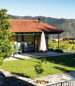 塔布阿苏Quinta do Monte Travesso - Country Houses & Winery的庭院中带庭院和遮阳伞的房子