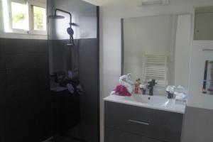 勒唐蓬LES AGAPANTHES du 27 -ème的浴室配有盥洗盆和带镜子的淋浴