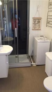 尤城Rolösa的带淋浴和洗衣机的浴室