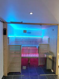 勒蒙多尔Mirabeau的一间设有粉红色长凳和蓝色灯光的房间