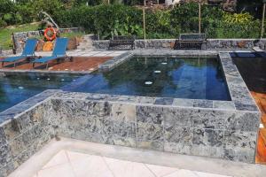 Rodrigues Island弗欧萨法特山林小屋的一个带石墙的游泳池和一个石头庭院
