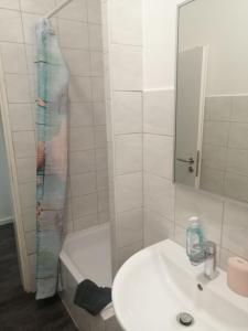科隆Apartment Cologne的一间带水槽和淋浴帘的浴室