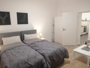 科隆Apartment Cologne的卧室设有一张大床和一扇白色的门