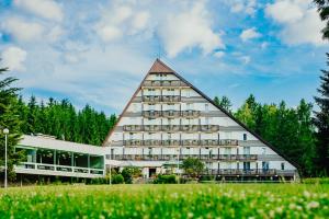 诺夫梅斯托纳马瑞夫滑雪酒店的一座金字塔形屋顶的大型建筑