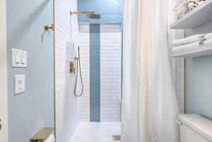 加尔维斯敦The Oleander Hotel Room 5的带淋浴和浴帘的浴室