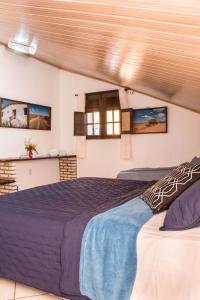 瓜拉米兰加Pousada Cogumelos的一间卧室配有一张带蓝色床单的大床