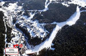 圣卡特琳娜瓦尔夫吉尼泽奈拉酒店的山中的一个滑雪胜地,有雪和树木