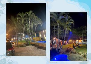 伊塔尼亚恩Hostel Pedacinho do Céu的棕榈树度假村的两张照片