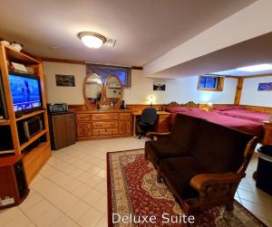 多伦多A Stunning Chalet Style Home的一间卧室配有一张床、一台电视和一张沙发