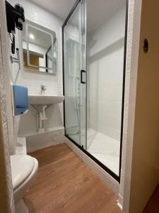 勒阿弗尔绿色酒店的带淋浴、卫生间和盥洗盆的浴室