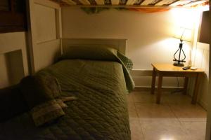 圣米格尔·德·图库玛Altos de Santiago Bed & Breakfast的一间卧室配有一张床和一张带台灯的桌子