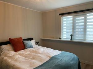 RijnsburgHoliday aan de Kust的卧室配有带枕头的床铺和窗户。
