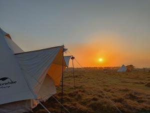 BhurkīāBurhan Wilderness Camps的地里的一个帐篷,背景是日落